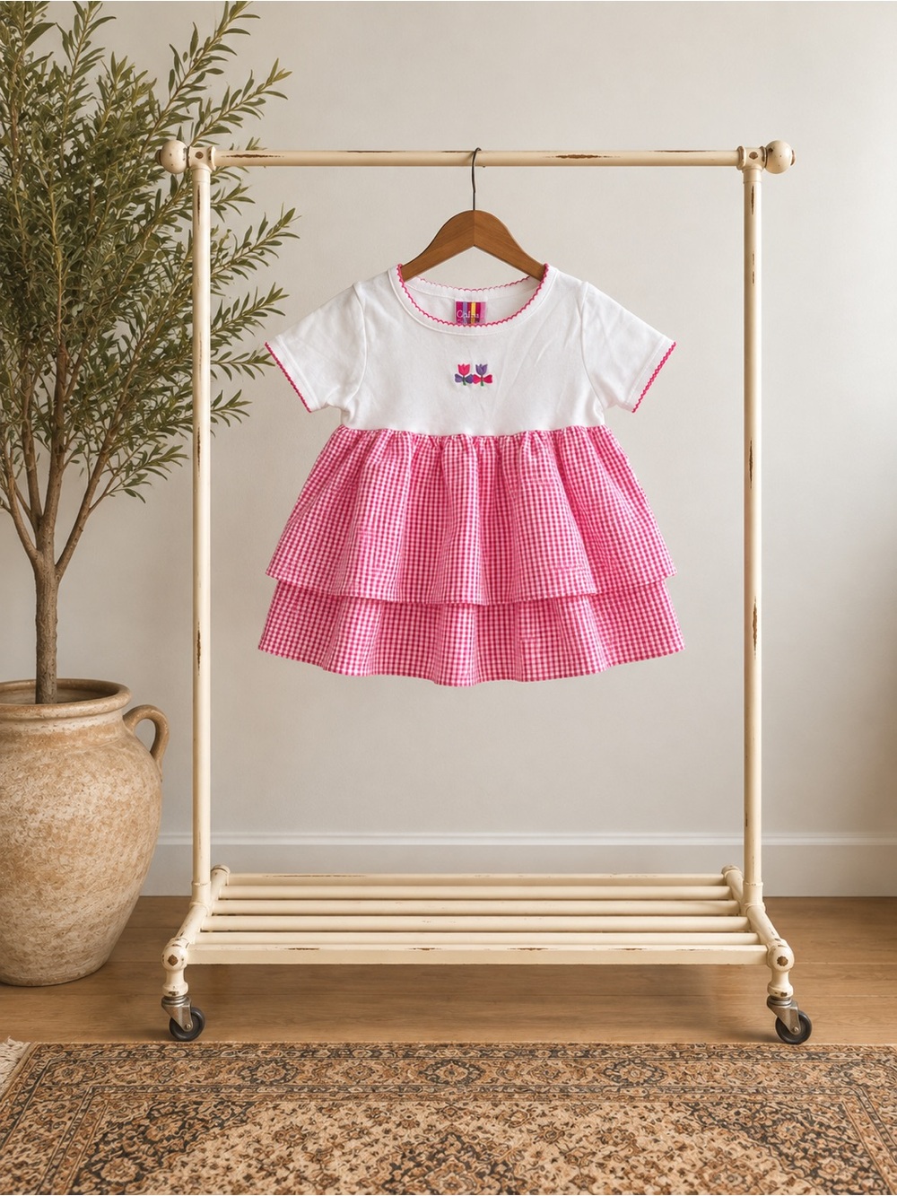 White & Pink Gingham Tiered Dress for Kids